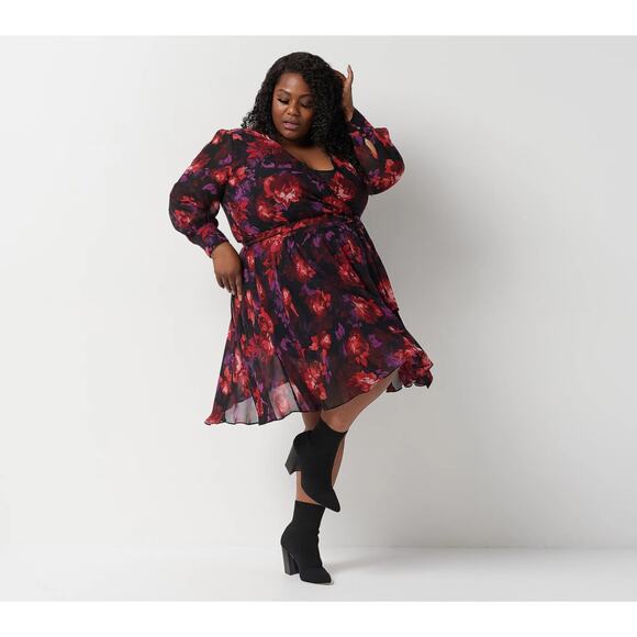 NWOT Jason Wu Red Floral Midi Dress Shirred Skirt Whimsygoth Dark Fairy XL - Picture 1 of 6